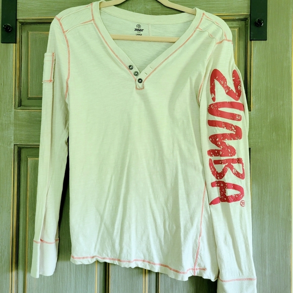 Zumba Fitness Tops - Zumba Womens Tee T-Shirt Top Long Sleeve Cream V-Neck Henley Pink Trim Size L
